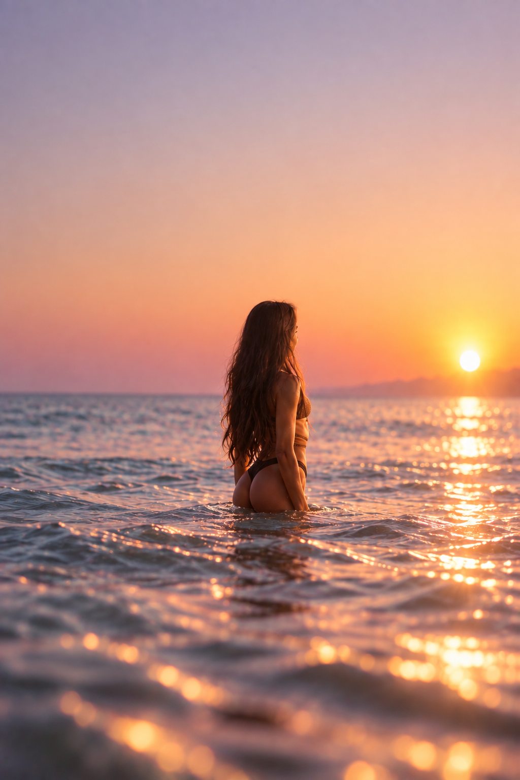 夜明けの海に佇む女性